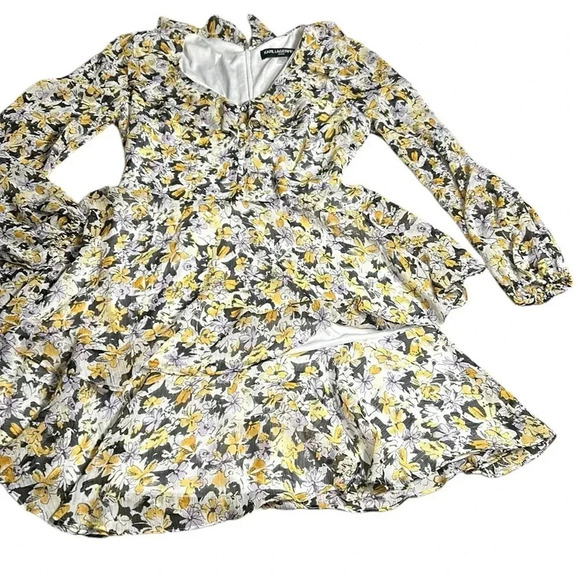 Karl Lagerfeld Ruffled floral sheer babydoll dress,chiffon frill,tiered,tie wrap - Picture 1 of 16